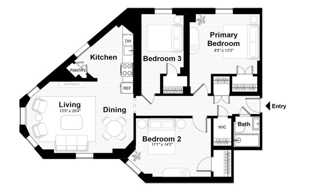 08C - 3 bedroom floorplan layout with 1 bath and 1125 square feet.